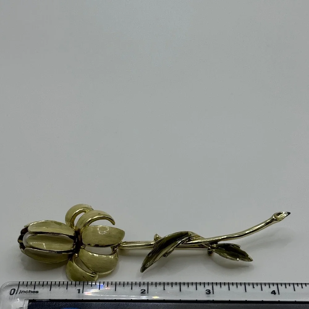 Coro Vintage Gold Tone Enamel Tulip Flower Brooch Pin with Faux Pearl Accent